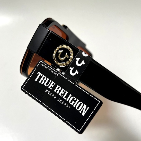 NWT Original TRUE RELIGION Square Sunglasses High Bridge Acetate Black BrownGold - Picture 4 of 6
